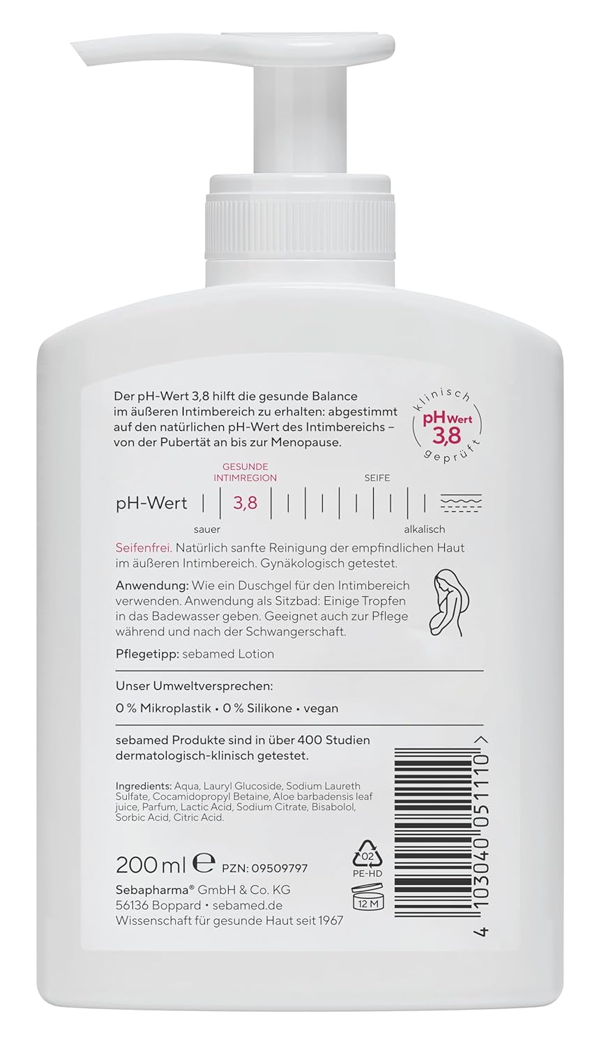 Sebamed Intim-Waschgel mit dem pH-Wert 3,8, für die Frau ab 15, sanfte Intimpflege von der Pubertät bis zur Menopause, Bisabolol und Milchsäure helfen, Reizungen zu lindern, 200 ml