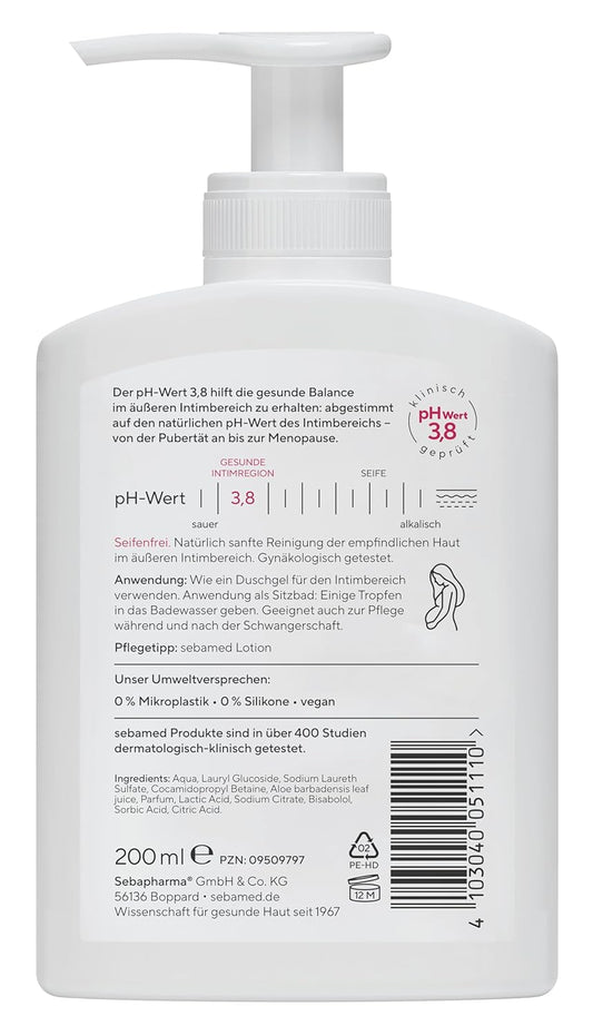 Sebamed Intim-Waschgel mit dem pH-Wert 3,8, für die Frau ab 15, sanfte Intimpflege von der Pubertät bis zur Menopause, Bisabolol und Milchsäure helfen, Reizungen zu lindern, 200 ml